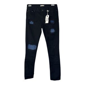 Triarchy Distressed Black Slim Fit Jeans with Blue Patches  5 pocket stretch